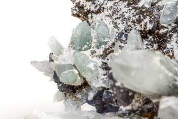 Macro mineral stone Drusus quartz with sphalerite in the rock a white background