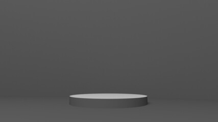 Round white stand on a grey background. Stand for demonstration of goods. 3d render.