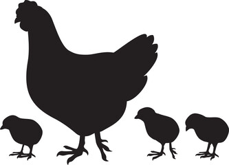 Mama hen and baby chicks (mom, chicken, farm design). Vector illustration.