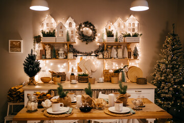 Christmas decor. electric garlands on decorated in kitchen for new year. 