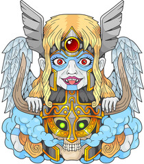 mythological warrior valkyrie with a skull in her hands, illustration design