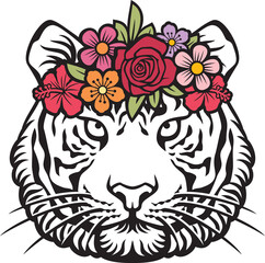 Tiger head with flowers vector illustration