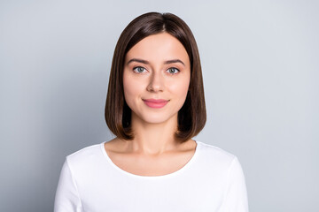 Photo of nice bob hairdo young lady look camera wear white shirt isolated on grey color background