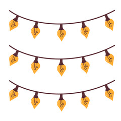 Christmas lights garland with yellow bulbs. Xmas holidays. Christmas greeting card design element.
