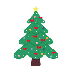 Christmas Tree with bows, balls, star and snow. Winter holiday icon.