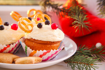 Deer shaped cupcake on a white background. Decor for Christmas