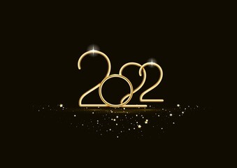 Realistic gold metal inscription 2022. Gold calligraphy New Year 2022 lettering on the black background.