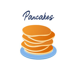 Pancakes on a blue plate on a white background with an inscription