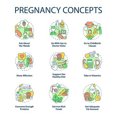 Pregnancy concept icons set. Expecting mother needs idea thin line color illustrations. Go with her to doctor visit. Childbirth class. Show affection. Vector isolated outline drawings. Editable stroke