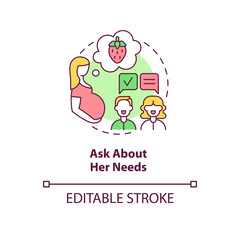 Ask about her needs concept icon. Partner support during pregnancy abstract idea thin line illustration. Expectant mom needs. Eat healthy foods. Vector isolated outline color drawing. Editable stroke