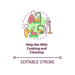 Fototapeta premium Help her with cooking and cleaning concept icon. Partner support during pregnancy abstract idea thin line illustration. Household chores. Vector isolated outline color drawing. Editable stroke