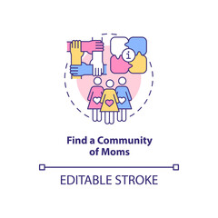 Find community of moms concept icon. Preparing for baby abstract idea thin line illustration. Online groups for expectant mothers. Vector isolated outline color drawing. Editable stroke