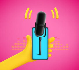 Man holding smartphone with audio podcast