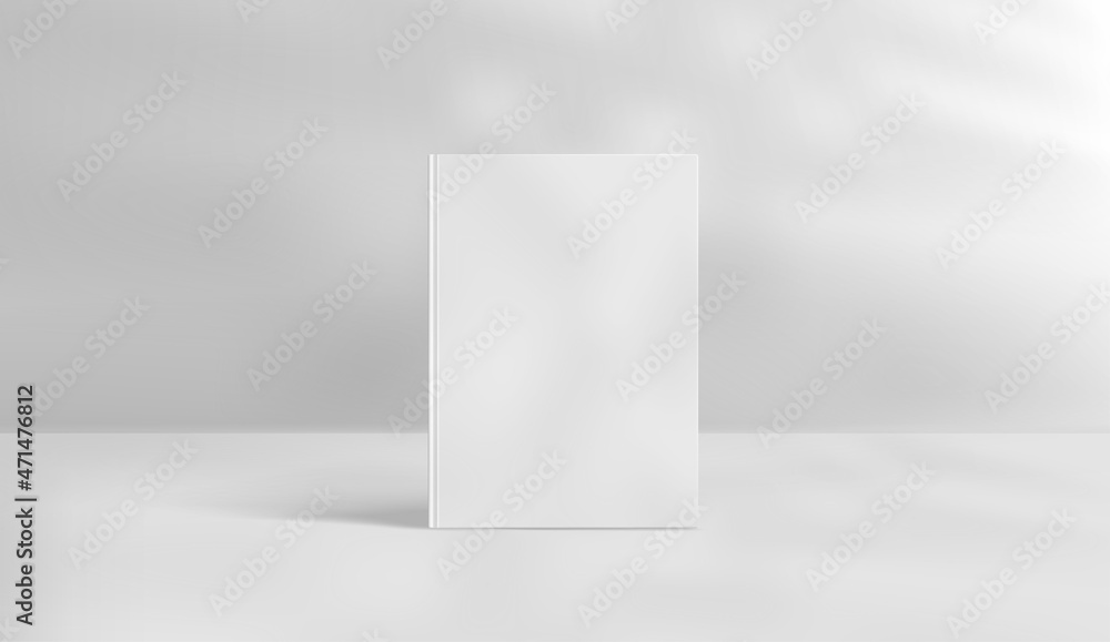 Poster white book with sun flare effect. light of the window with reflections on the wall and on the floor