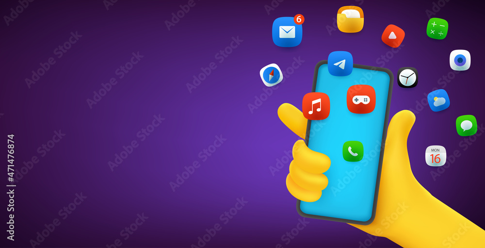 Poster hand holding modern smartphone with application icons. horizontal vector banner with copy space