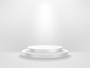 White illuminated room with circle podium. Realistic 3d style vector illustration