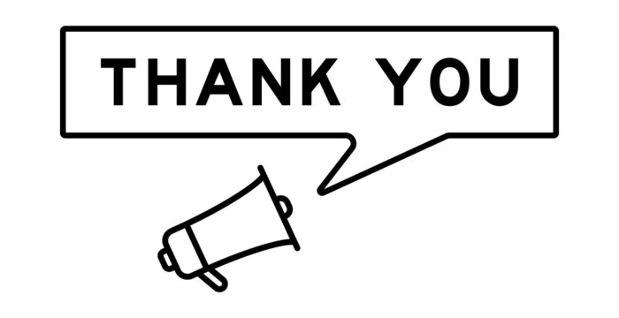 Megaphone icon with speech bubble in word thank you on white background