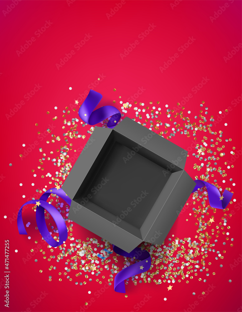 Aufkleber Opened empty box with violet ribbons. Greeting card with copy space