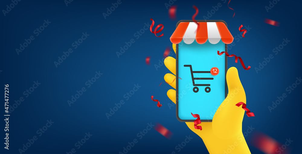 Aufkleber man holding mobile phone with shopping application. horizontal vector banner with copy space