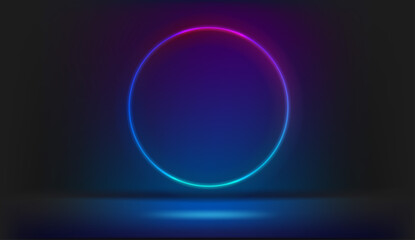 Circle neon glowing frame on dark room. Trendy color vivid gradient