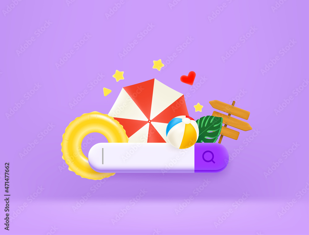 Poster searching for vacation in internet with search tab. 3d style vector illustration