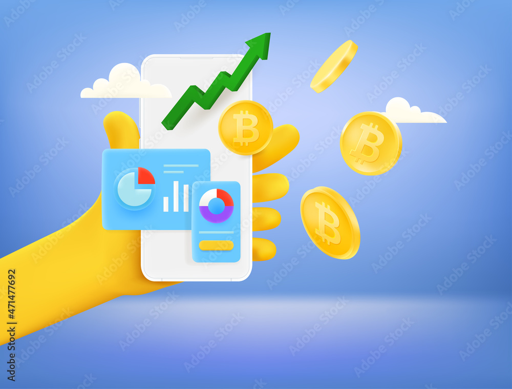 Aufkleber cryptocurrency mining via smartphone concept. 3d style vector illustration
