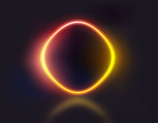 Rhomb shape yellow and red neon glowing frame on dark background. Template for design