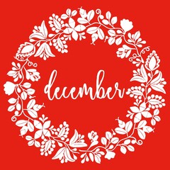 White december vector wreath on red background