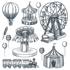 Amusement park design elements. Vector hand drawn sketch illustration. Circus tent, carousel, ferris wheel icons - obrazy, fototapety, plakaty