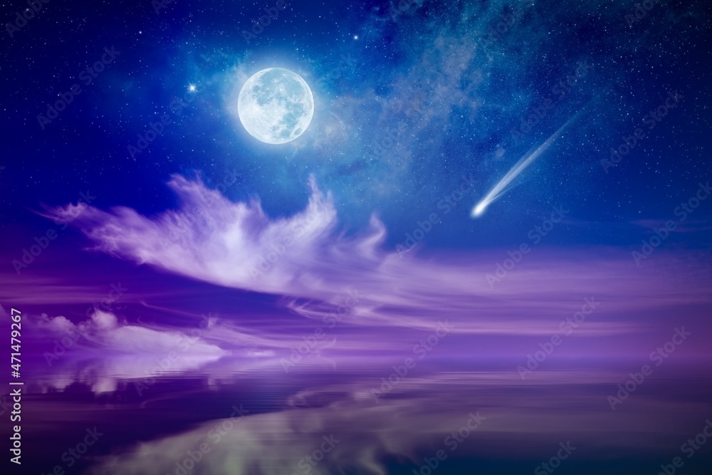 Wall mural amazing mysterious image – rising full moon, falling comet or shooting star and pink clouds above se