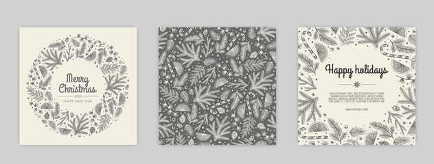 Merry Christmas and Happy New Year Set of backgrounds, greeting cards, posters, holiday covers.