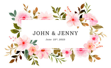 Cute pink flower border with watercolor