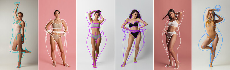 Collage made of portraits of young beautiful women with perfect body shape in underwear isolated over colored background. - obrazy, fototapety, plakaty