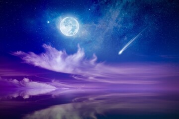 Fototapeta na wymiar Amazing mysterious image – rising full moon, falling comet or shooting star and pink clouds above serene sea. Full moon party concept.
