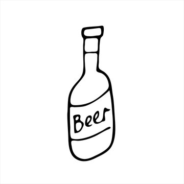 Cartoon beer bottle. Doodle style. Black outline of a bottle with an inscription on a white background. Vector image. For advertising, product designation, Internet.