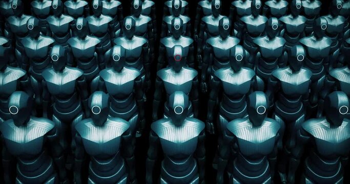 AI Warrior Robot Army Walking Slowly. Invading Earth. Abstract Concept. Technology Related Abstract 3D Concept Animation.