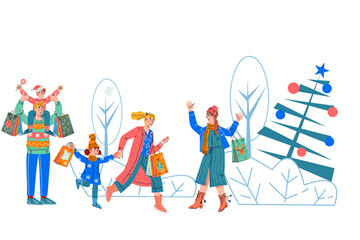 Winter Christmas banner backdrop with people buying gifts. Christmas and New Year shopping, seasonal sales and fairs, holiday market layout, flat vector illustration isolated on white background.