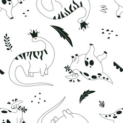 Seamless pattern with funny dinosaurs in hand drawn style. Creative childish texture. Outline hand drawing. Great for fabric, textile. Isolated on white background vector illustration
