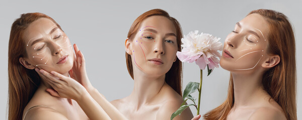 Set of close-up portraits of young, beautiful and healthy woman with arrows on her face. The spa, surgery, face lifting and skin care concept