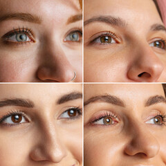 Collage. Close-up female beautiful faces. Natural beauty, wellness, well-kept skin, herbal cosmetics concept