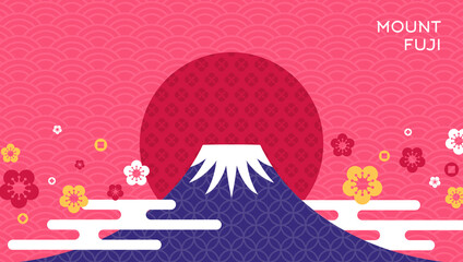 Mount Fuji at sunset. Japanese greeting card or banner with geometric pattern. Happy New Year 2022. Clouds and Flowers in Modern flat style. - obrazy, fototapety, plakaty