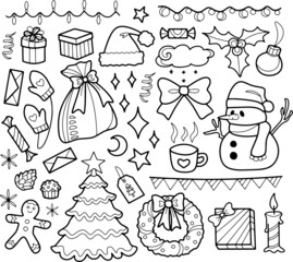 Christmas set. Doodle, coloring page for adult and children