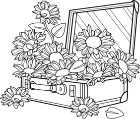 Coloring page for adult and children.  Flowers in a suitcase