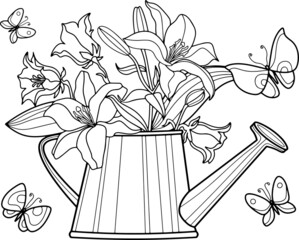Coloring page for adult and children. Lilies in a watering can - obrazy, fototapety, plakaty