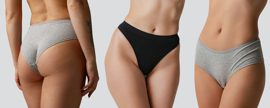 Cropped images of sportive bodies, bellies and bottocks of young women in underwear isolated on pink studio background. Natural beauty concept