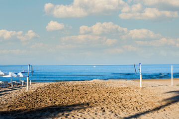 beach volleyball playground on the beach. No People. Cloudy Sky. Selective Focus
