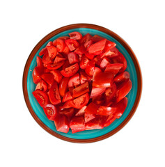 Large aqua colour dish with brown border filled with sliced tomatoes isolated on white