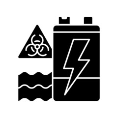 Battery water contamination threat black glyph icon. Hazardous chemicals and acids leak. Groundwater and soil pollution. Ecosystem harm. Silhouette symbol on white space. Vector isolated illustration