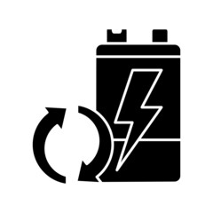 Recyclable battery black glyph icon. Reuse old accumulators. Valuable materials recovery. Resource waste prevention. Circular economy. Silhouette symbol on white space. Vector isolated illustration