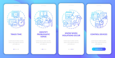Employee monitoring pros gradient onboarding mobile app page screen. Work tracking walkthrough 4 steps graphic instructions with concepts. UI, UX, GUI vector template with linear color illustrations